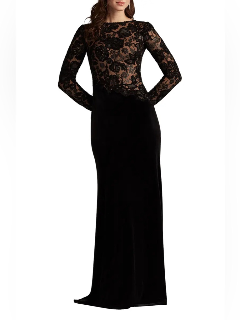 New Nwt Tadashi Shoji Forena Floral Embroidered Crepe Maxi Gown Black/Nude